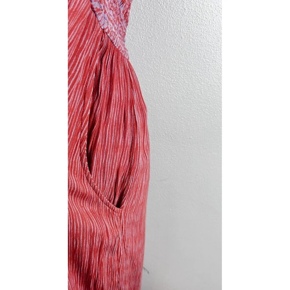 Free People Crystal Bay Wide Leg Jumpsuit Size L Coral Red Halter Smocked Boho